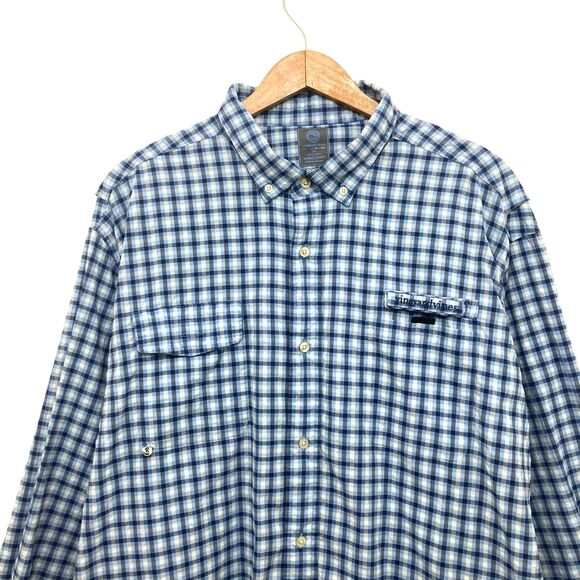 Vineyard Vines Harbor Shirt 2XL Performance Fishing Gingham Blue UPF Vented - Picture 3 of 16
